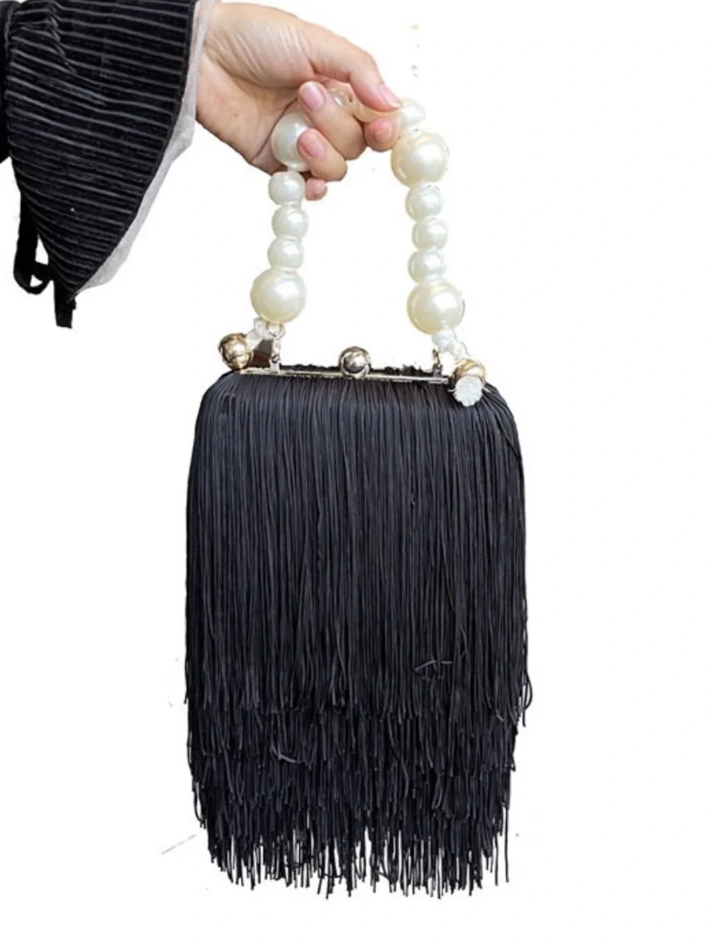 Black Fringe Satchel with Pearl Handle Accent